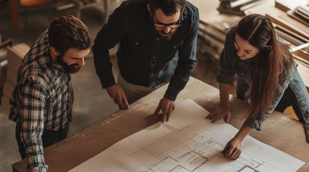 Architects and contractors reviewing drawings together - Principal Designer services in London