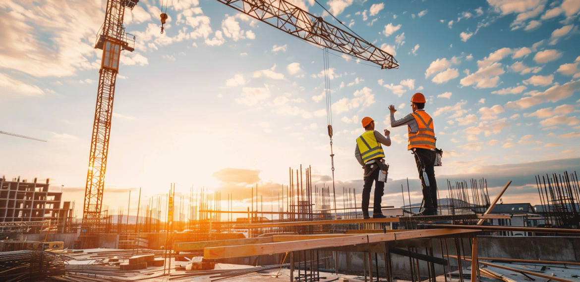 Construction site with crane and site managers - managing design risk as Principal Designer