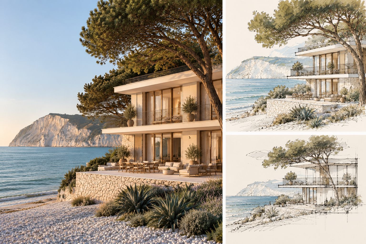 Buying and Renovating a House by the Sea in Italy: an Architect's Guide to the Riviera del Conero 3 Design concept: sketches and render of a contemporary seaside home on the Adriatic coast of Italy